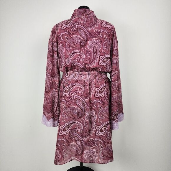 Valerie Stevens Robe Mauve Chiffon Paisley Print Lace Accent Cuffs Size L - Picture 3 of 15